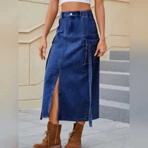 Retro Cargo Side Pocket High-Rise Elastic Waist Denim Blue Jean Slit Front Midi